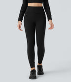 Reflective High Waisted Tummy Control Hiking Leggings with Pockets — Black — view 2