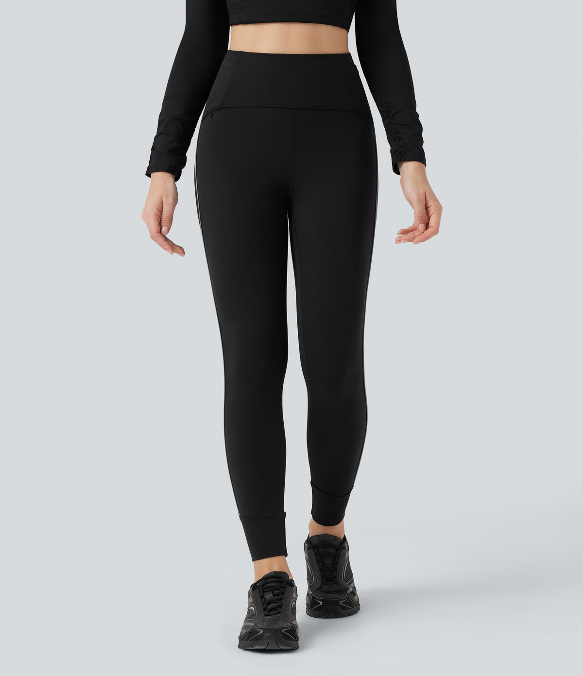 Reflective High Waisted Tummy Control Hiking Leggings with Pockets — Black — view 2
