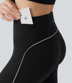Reflective High Waisted Tummy Control Hiking Leggings with Pockets — Black — view 6