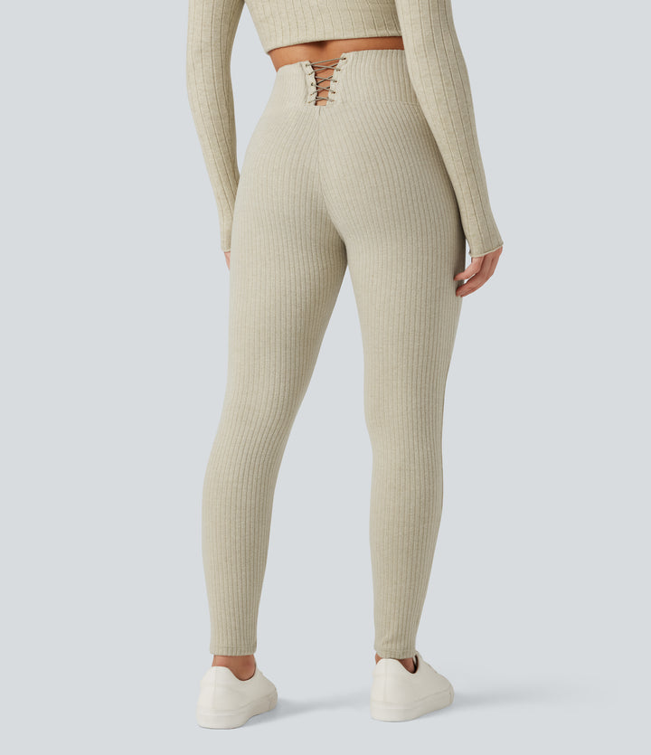 Ribbed Knit High Waisted Crisscross Back Fleece Casual Leggings with Pockets — Fog — view 1