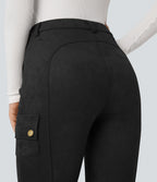High Waisted Suede Equestrian Cargo Trousers with Pockets — Black — view 5