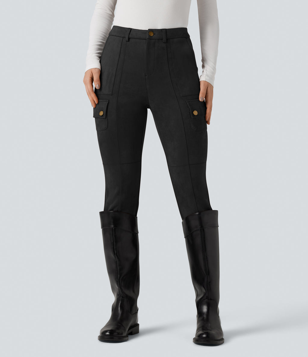 High Waisted Suede Equestrian Cargo Trousers with Pockets — Black — view 3