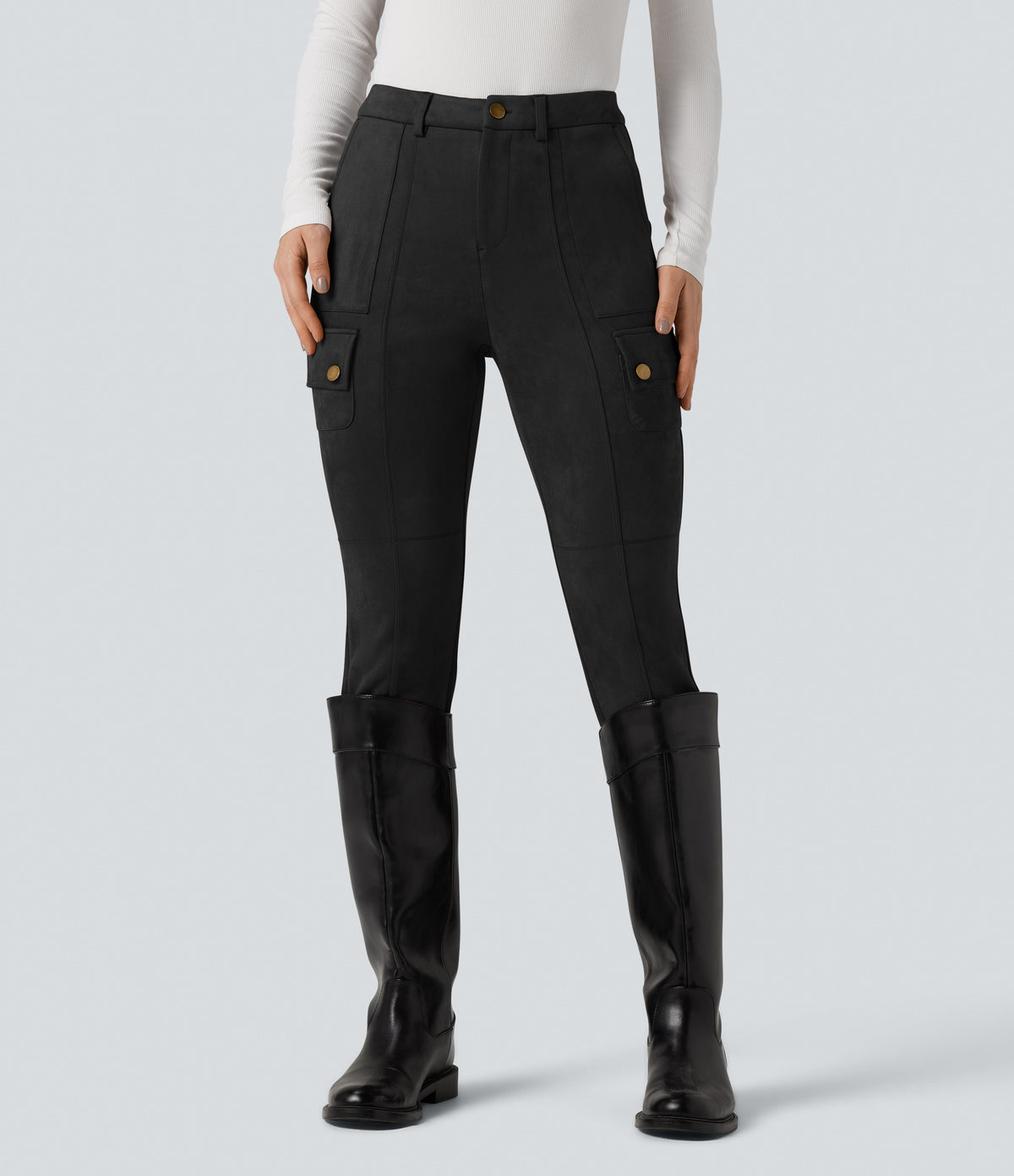 High Waisted Suede Equestrian Cargo Trousers with Pockets — Black — view 3