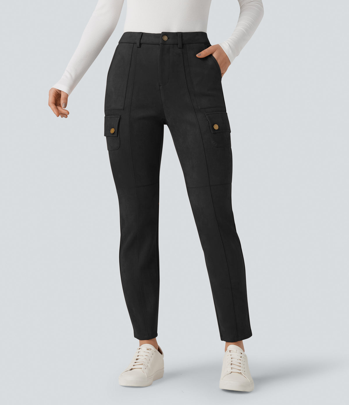 High Waisted Suede Equestrian Cargo Trousers with Pockets — Black — view 7