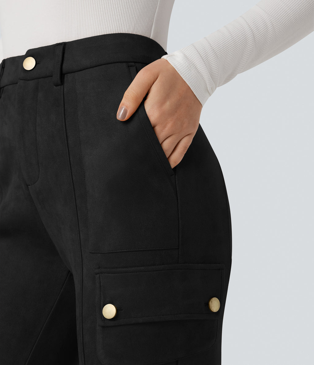 High Waisted Suede Equestrian Cargo Trousers with Pockets — Black — view 4