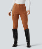 High Waisted Suede Equestrian Cargo Trousers with Pockets — Autumnal — view 9