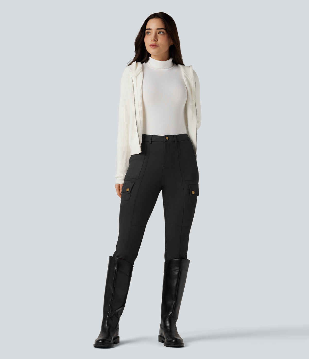 High Waisted Suede Equestrian Cargo Trousers with Pockets — Black — view 8