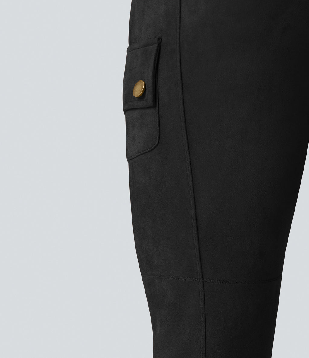 High Waisted Suede Equestrian Cargo Trousers with Pockets — Black — view 6