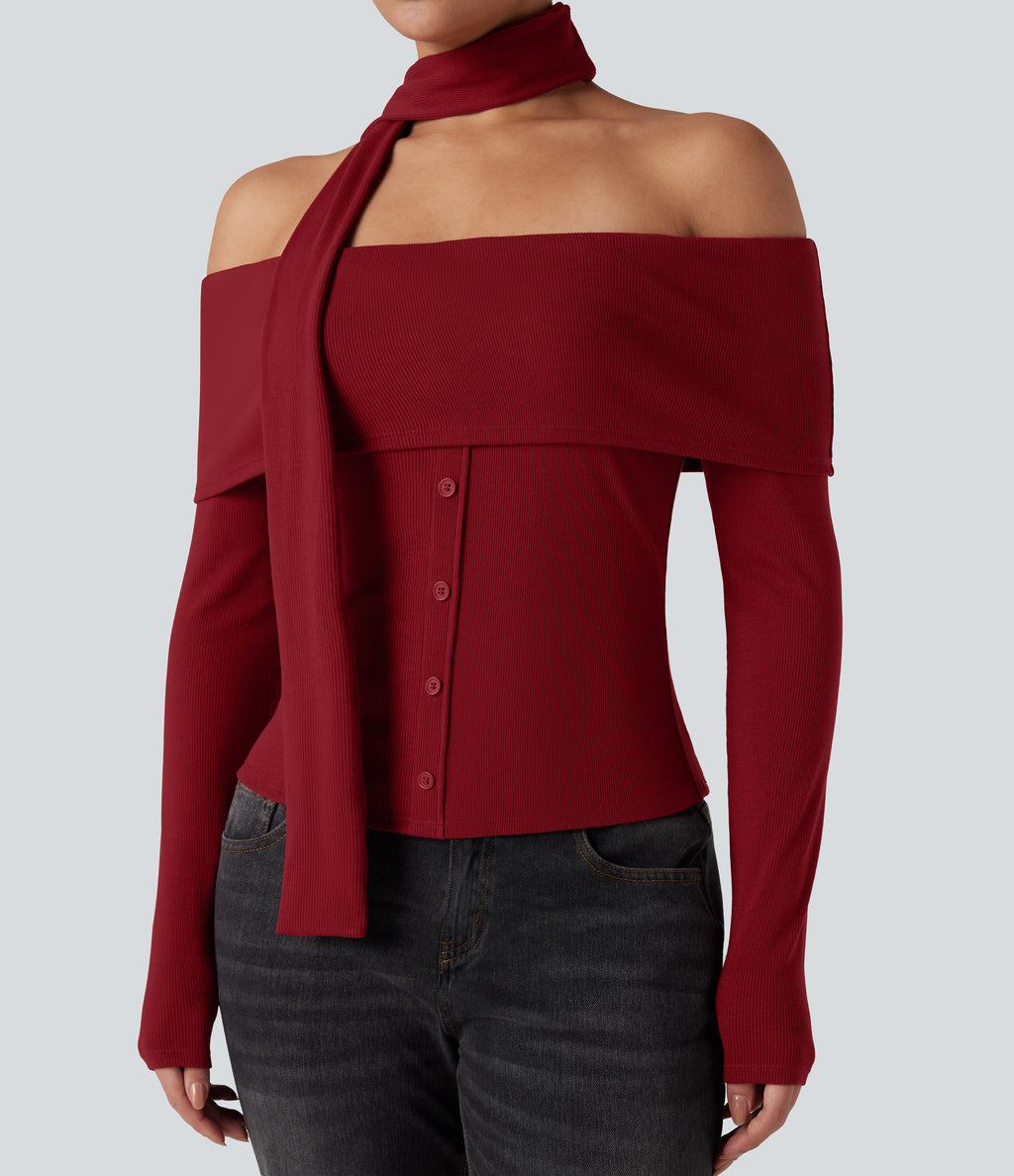 Ribbed Knit Off-shoulder Long Sleeve Built-in Bra Casual Top with Scarf — Winery — view 5