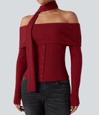 Ribbed Knit Off-shoulder Long Sleeve Built-in Bra Casual Top with Scarf — Winery — view 5