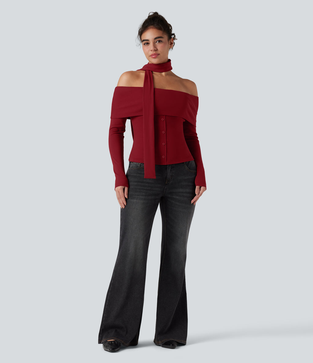 Ribbed Knit Off-shoulder Long Sleeve Built-in Bra Casual Top with Scarf — Winery — view 7