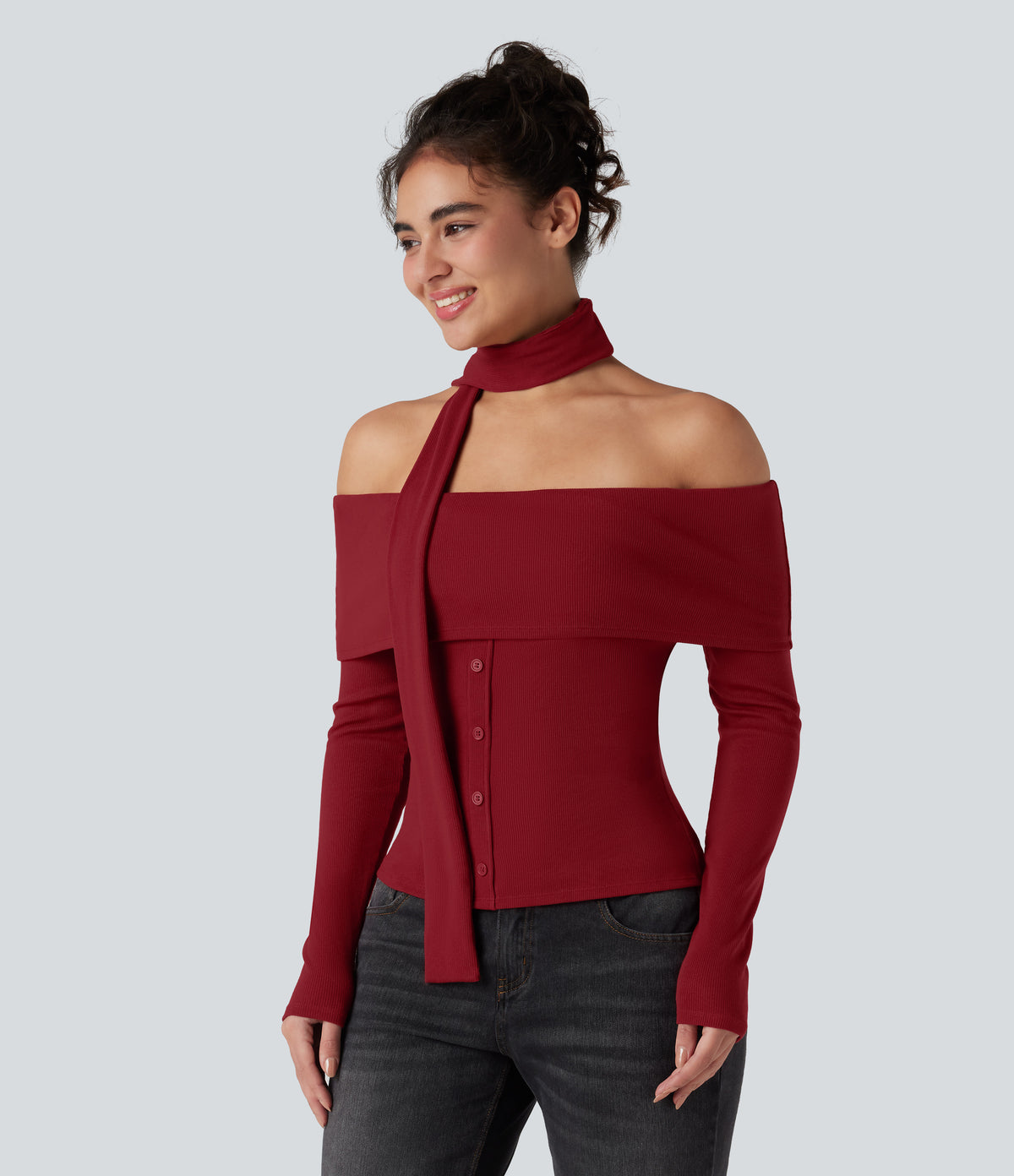 Ribbed Knit Off-shoulder Long Sleeve Built-in Bra Casual Top with Scarf — Winery — view 4