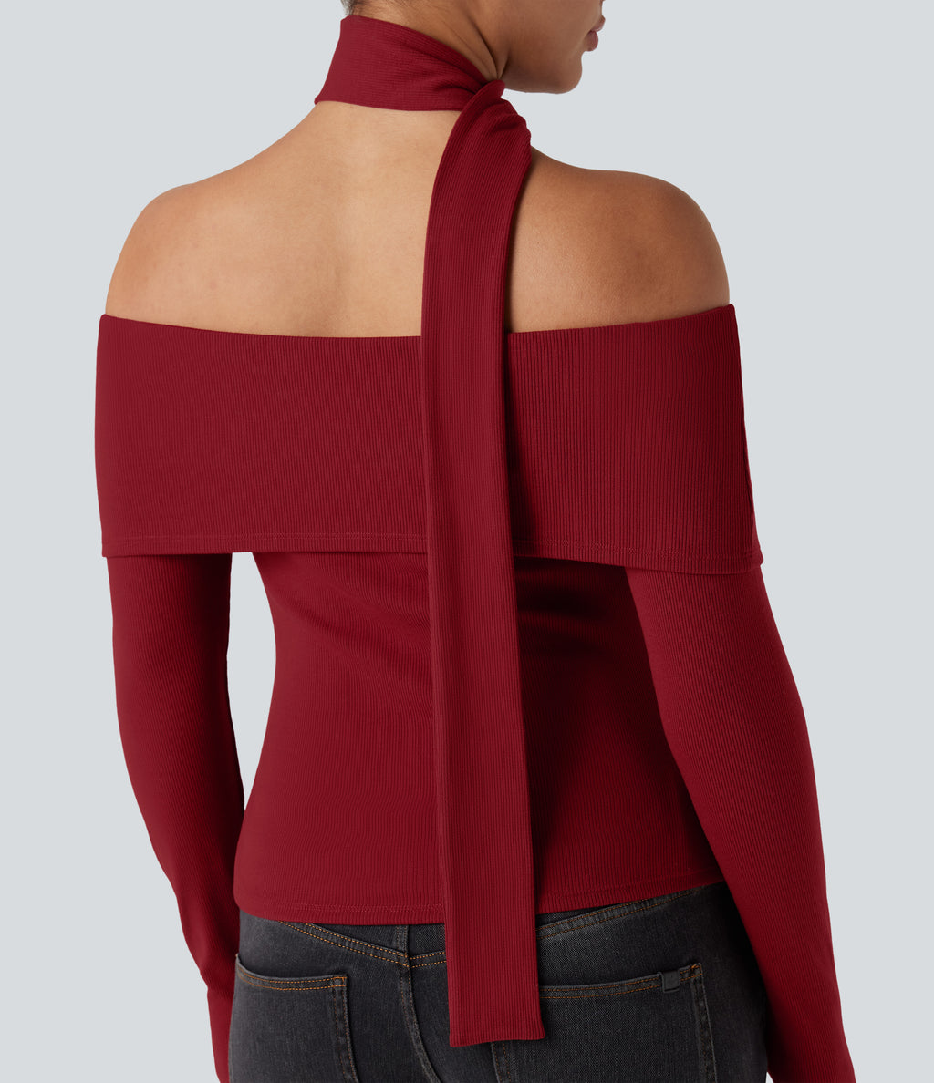 Ribbed Knit Off-shoulder Long Sleeve Built-in Bra Casual Top with Scarf — Winery — view 6