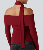 Ribbed Knit Off-shoulder Long Sleeve Built-in Bra Casual Top with Scarf — Winery — view 6