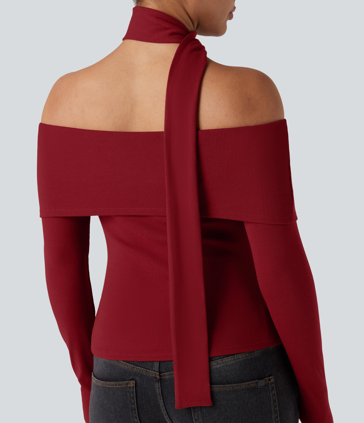Ribbed Knit Off-shoulder Long Sleeve Built-in Bra Casual Top with Scarf — Winery — view 6