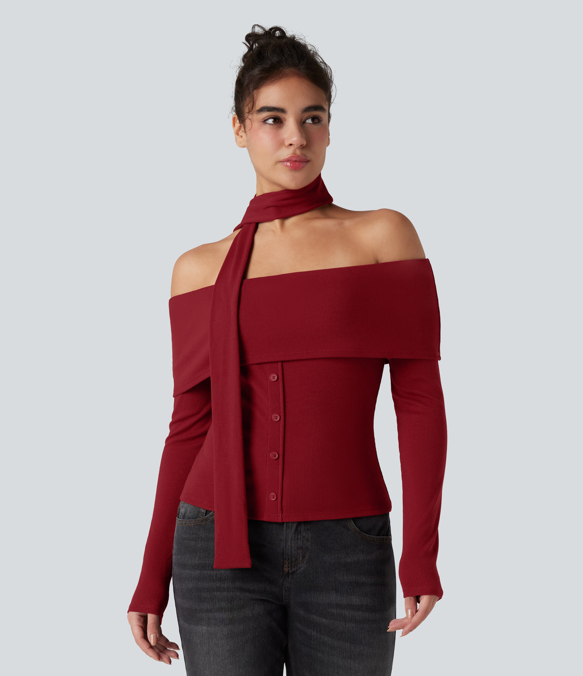 Ribbed Knit Off-shoulder Long Sleeve Built-in Bra Casual Top with Scarf — Winery — view 2