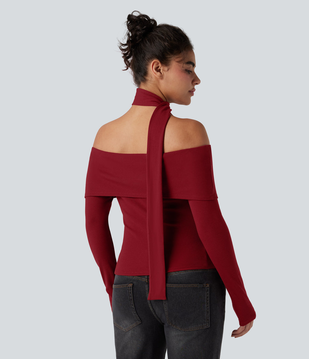 Ribbed Knit Off-shoulder Long Sleeve Built-in Bra Casual Top with Scarf — Winery — view 3