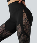 High Waisted Tummy Control Contrast Lace Yoga Flared Leggings with Pocket — Black — view 4