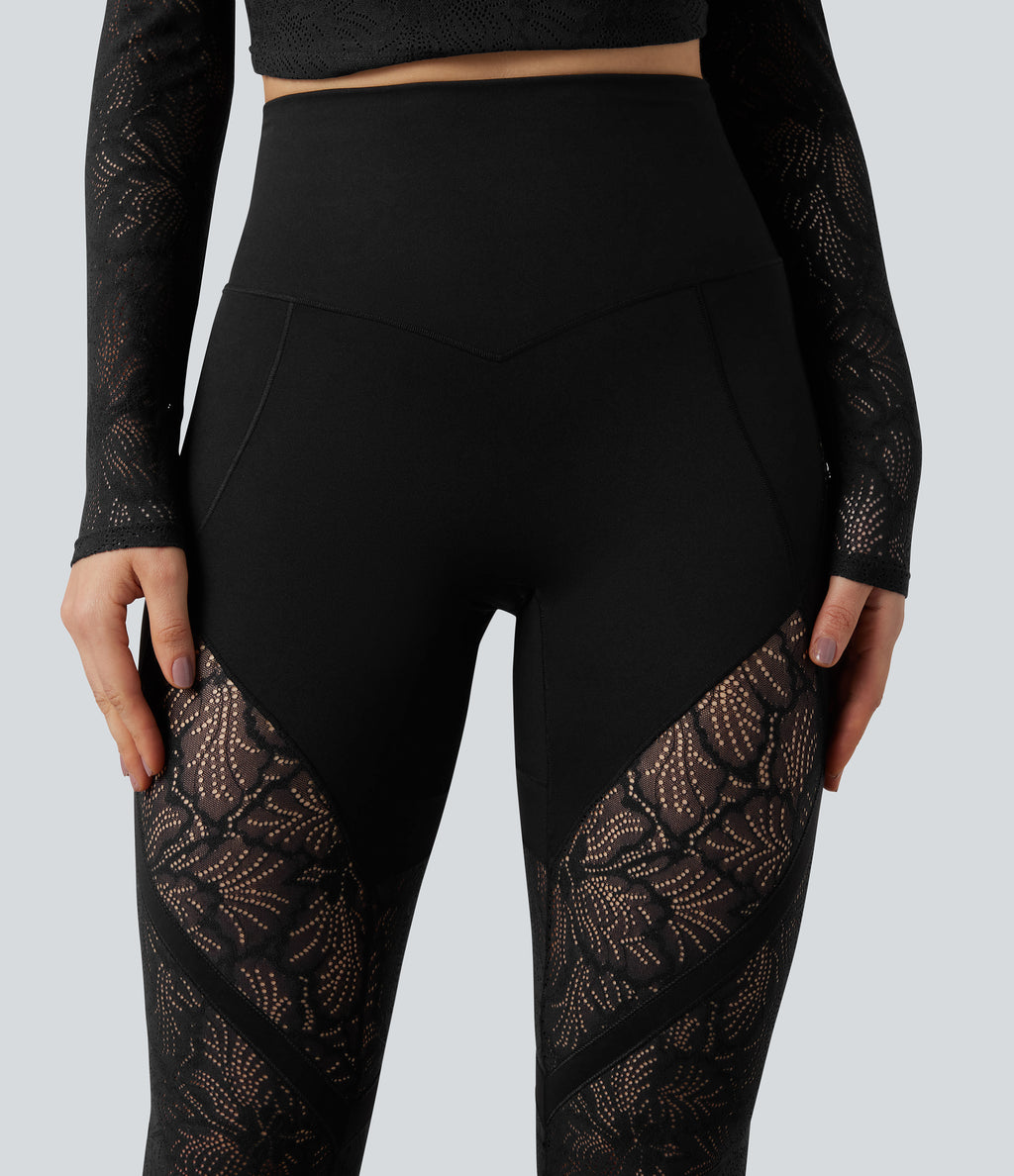 High Waisted Tummy Control Contrast Lace Yoga Flared Leggings with Pocket — Black — view 5