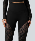 High Waisted Tummy Control Contrast Lace Yoga Flared Leggings with Pocket — Black — view 5