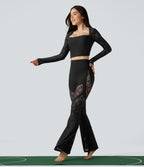 High Waisted Tummy Control Contrast Lace Yoga Flared Leggings with Pocket — Black — view 8