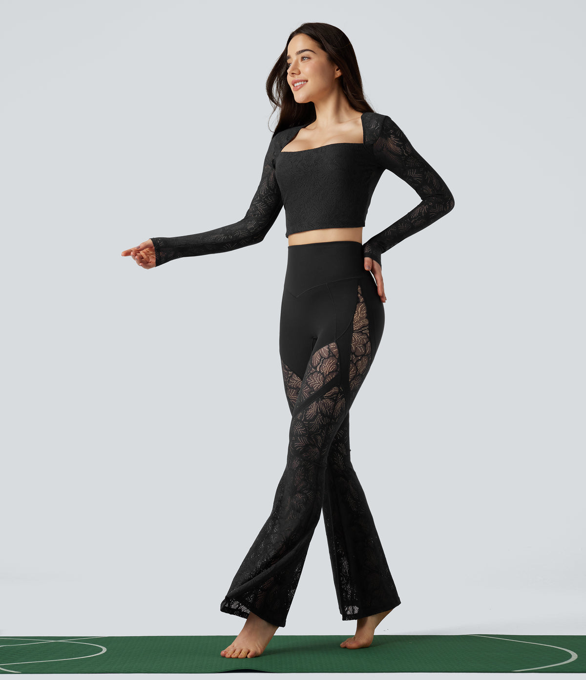 High Waisted Tummy Control Contrast Lace Yoga Flared Leggings with Pocket — Black — view 8