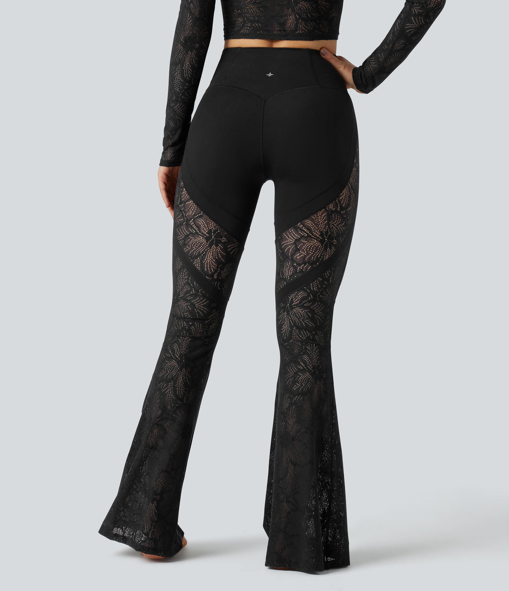 High Waisted Tummy Control Contrast Lace Yoga Flared Leggings with Pocket — Black — view 2