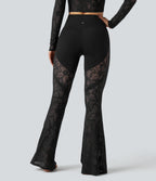 High Waisted Tummy Control Contrast Lace Yoga Flared Leggings with Pocket — Black — view 2