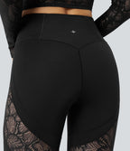 High Waisted Tummy Control Contrast Lace Yoga Flared Leggings with Pocket — Black — view 6