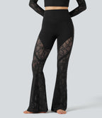 High Waisted Tummy Control Contrast Lace Yoga Flared Leggings with Pocket — Black — view 3