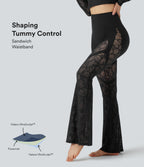 High Waisted Tummy Control Contrast Lace Yoga Flared Leggings with Pocket — Black — view 1