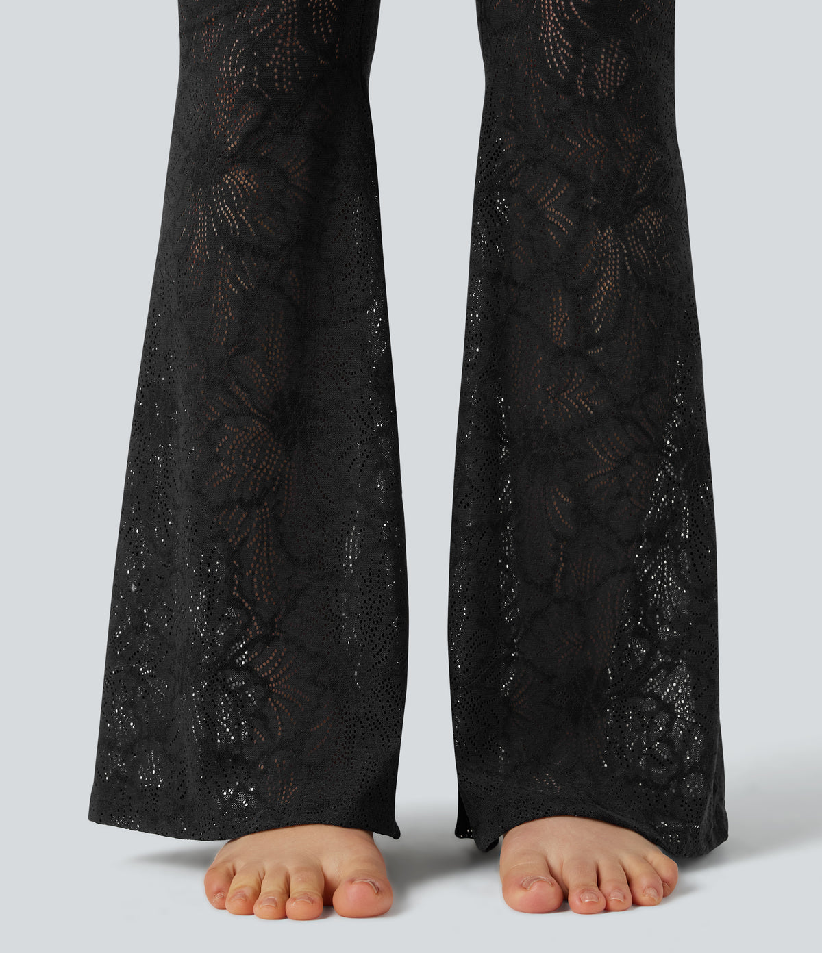 High Waisted Tummy Control Contrast Lace Yoga Flared Leggings with Pocket — Black — view 7
