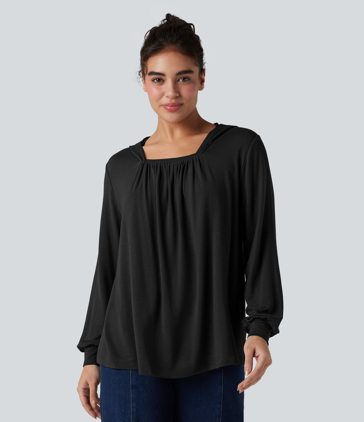 Hooded Square Neck Long Sleeve Casual Sweatshirt — Black — view 6