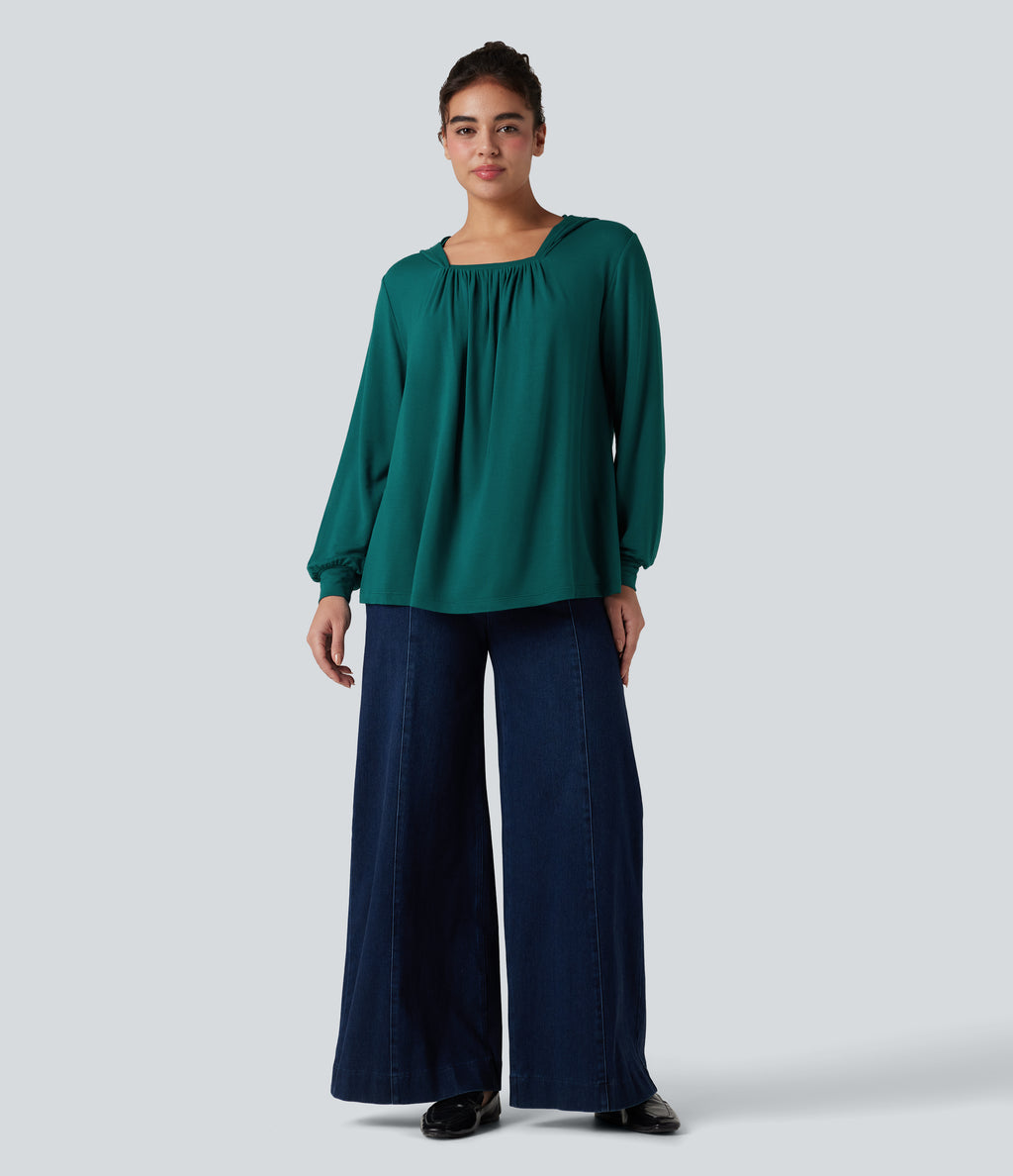 Hooded Square Neck Long Sleeve Casual Sweatshirt — Storm — view 5