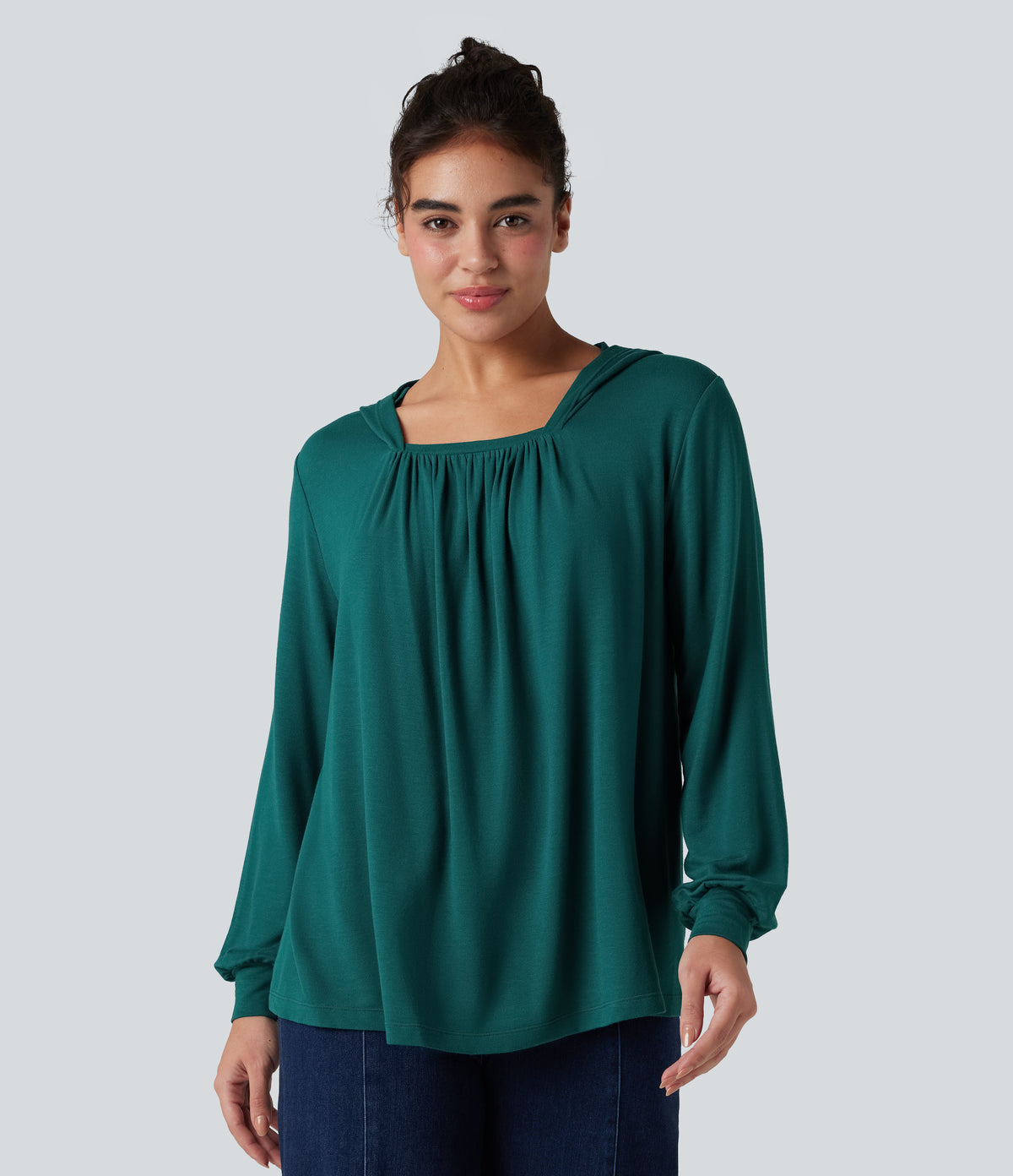 Hooded Square Neck Long Sleeve Casual Sweatshirt — Storm — view 1