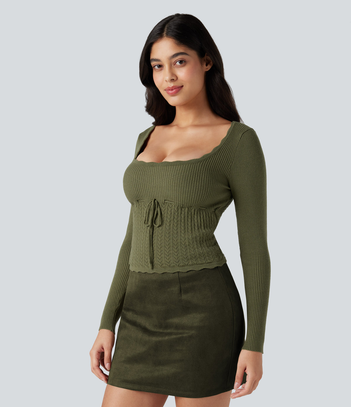 U-Neck Long Sleeve Scallop Trim Casual Jumper — Loden Green — view 4