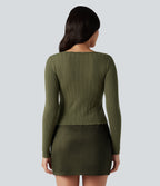 U-Neck Long Sleeve Scallop Trim Casual Jumper — Loden Green — view 3