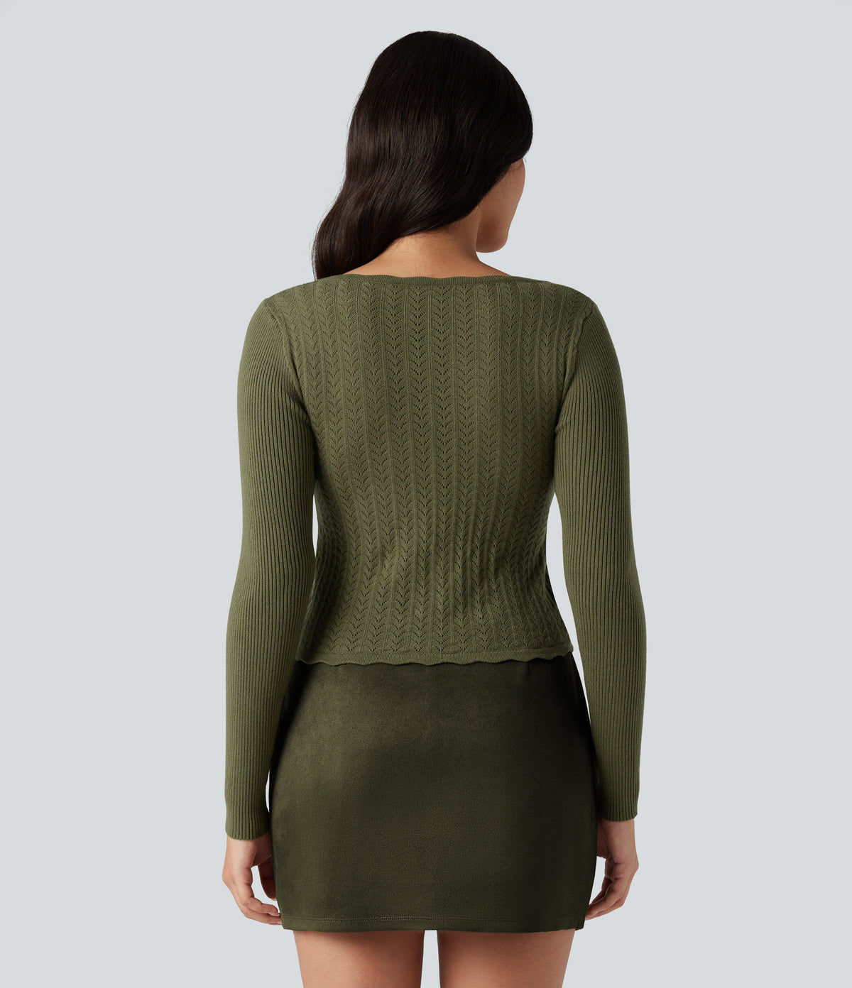 U-Neck Long Sleeve Scallop Trim Casual Jumper — Loden Green — view 3
