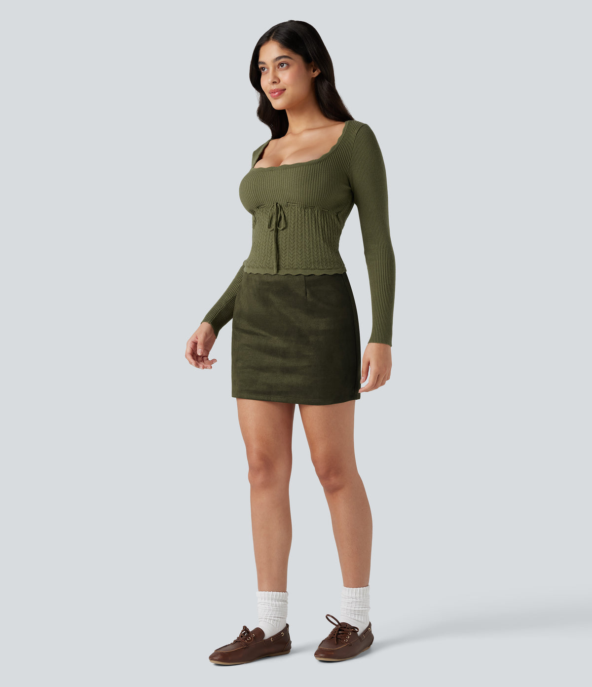 U-Neck Long Sleeve Scallop Trim Casual Jumper — Loden Green — view 5
