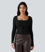 U-Neck Long Sleeve Scallop Trim Casual Jumper — Black — view 6