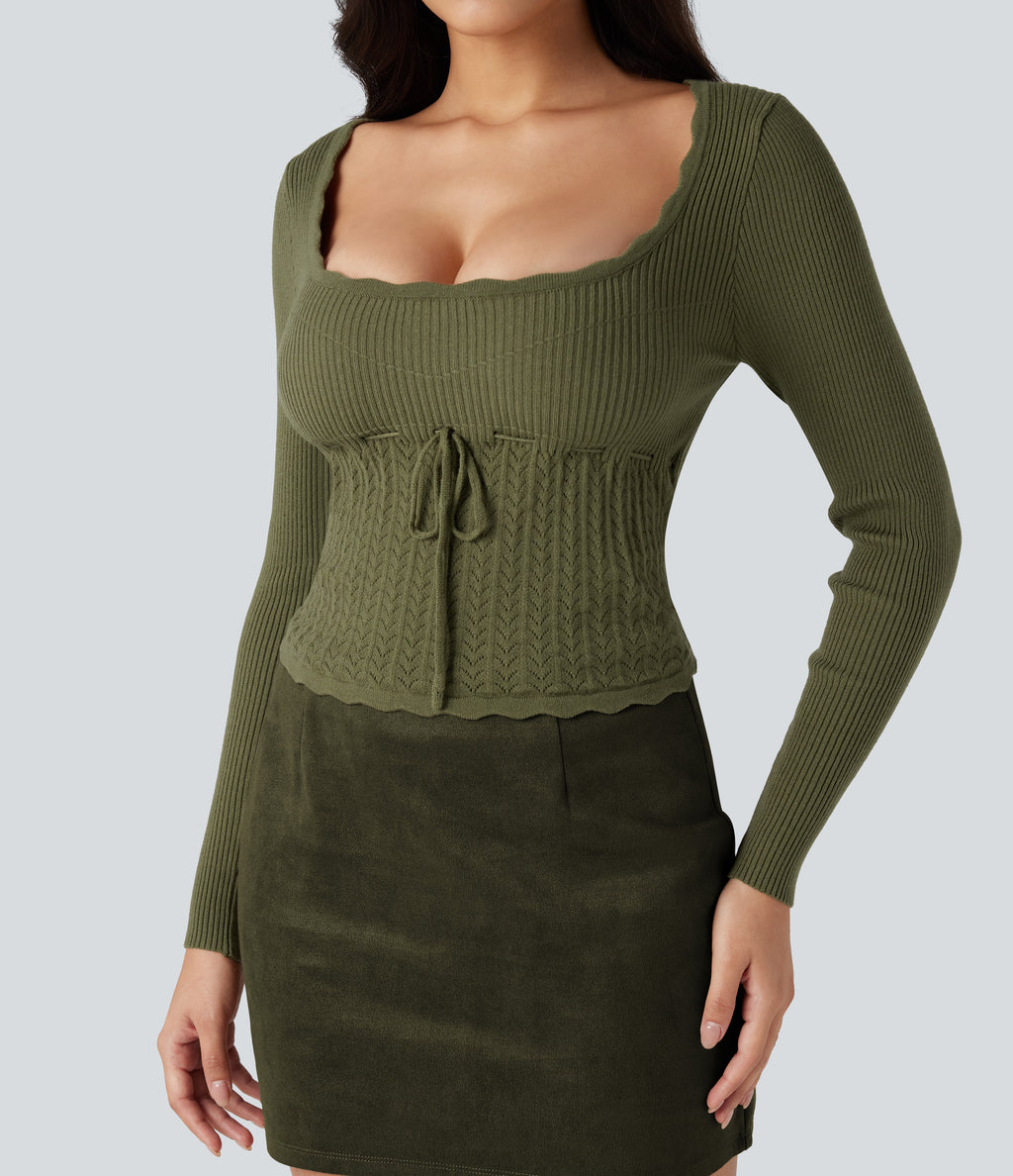 U-Neck Long Sleeve Scallop Trim Casual Jumper — Loden Green — view 1