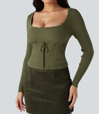 U-Neck Long Sleeve Scallop Trim Casual Jumper — Loden Green — view 1