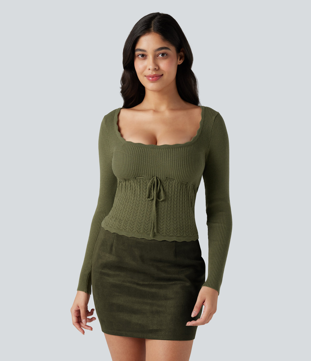 U-Neck Long Sleeve Scallop Trim Casual Jumper — Loden Green — view 2