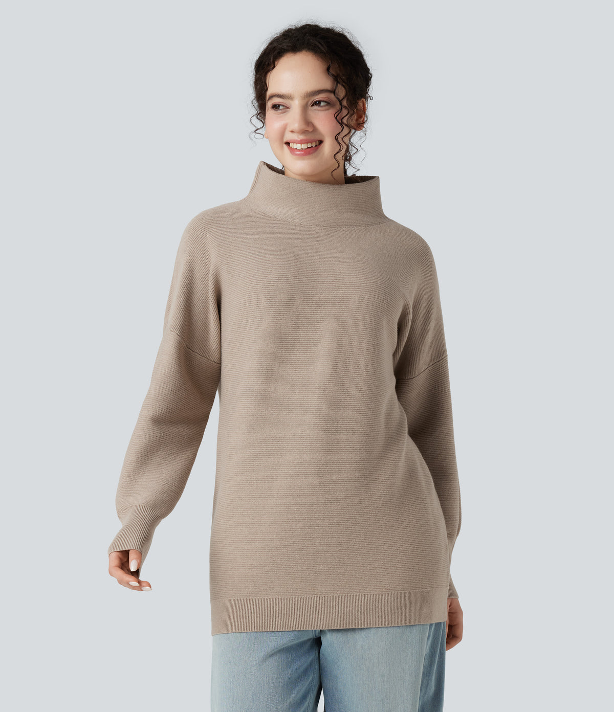 Mock-neck Long Sleeve Casual Jumper — Savannah Tan — view 3