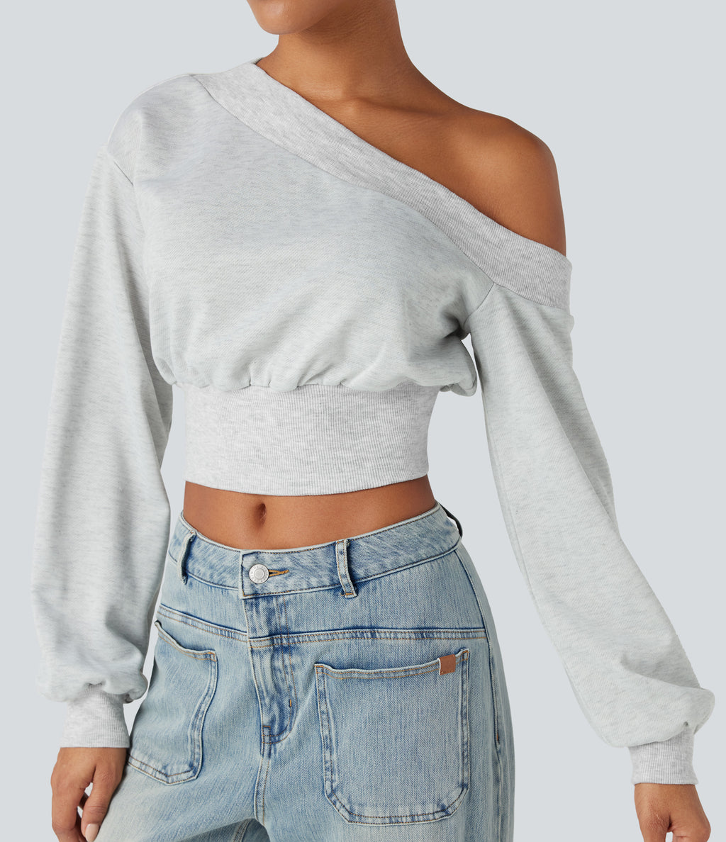 One-shoulder Long Sleeve Cropped Casual Sweatshirt — Mottled Grey — view 4