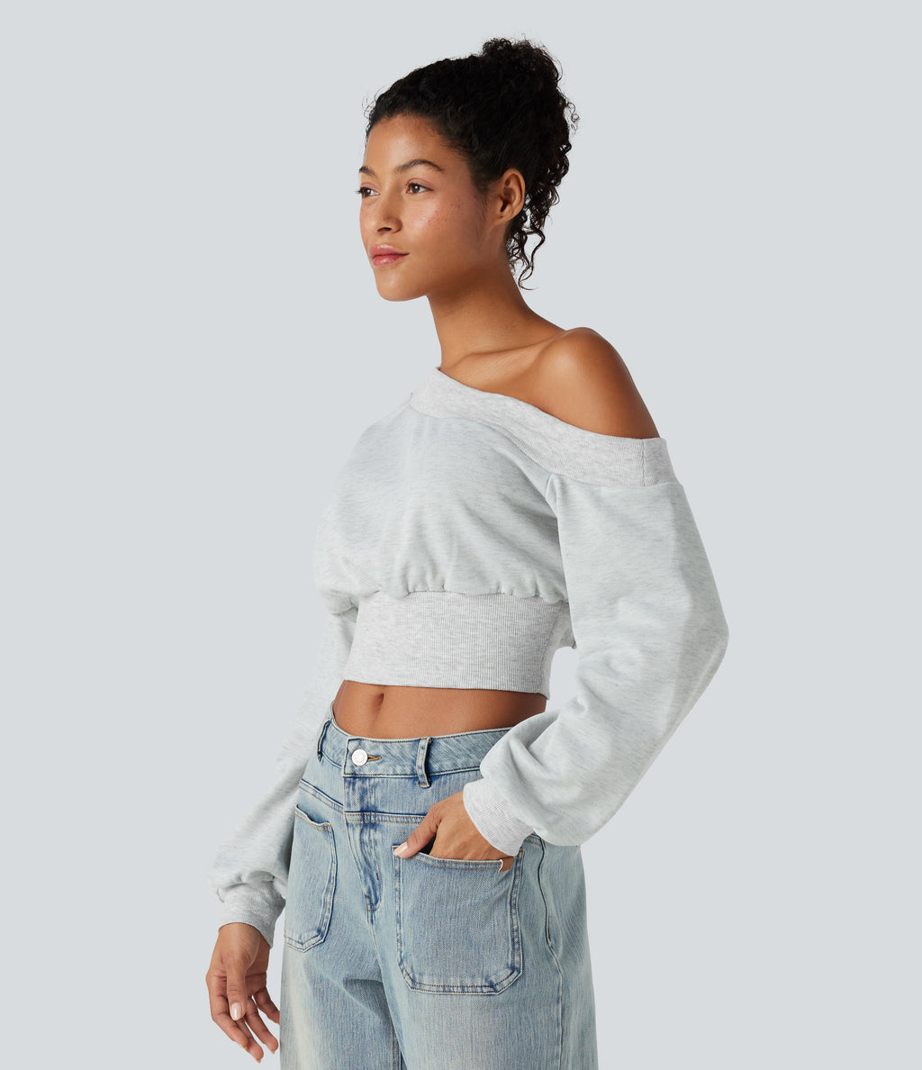 One-shoulder Long Sleeve Cropped Casual Sweatshirt — Mottled Grey — view 3