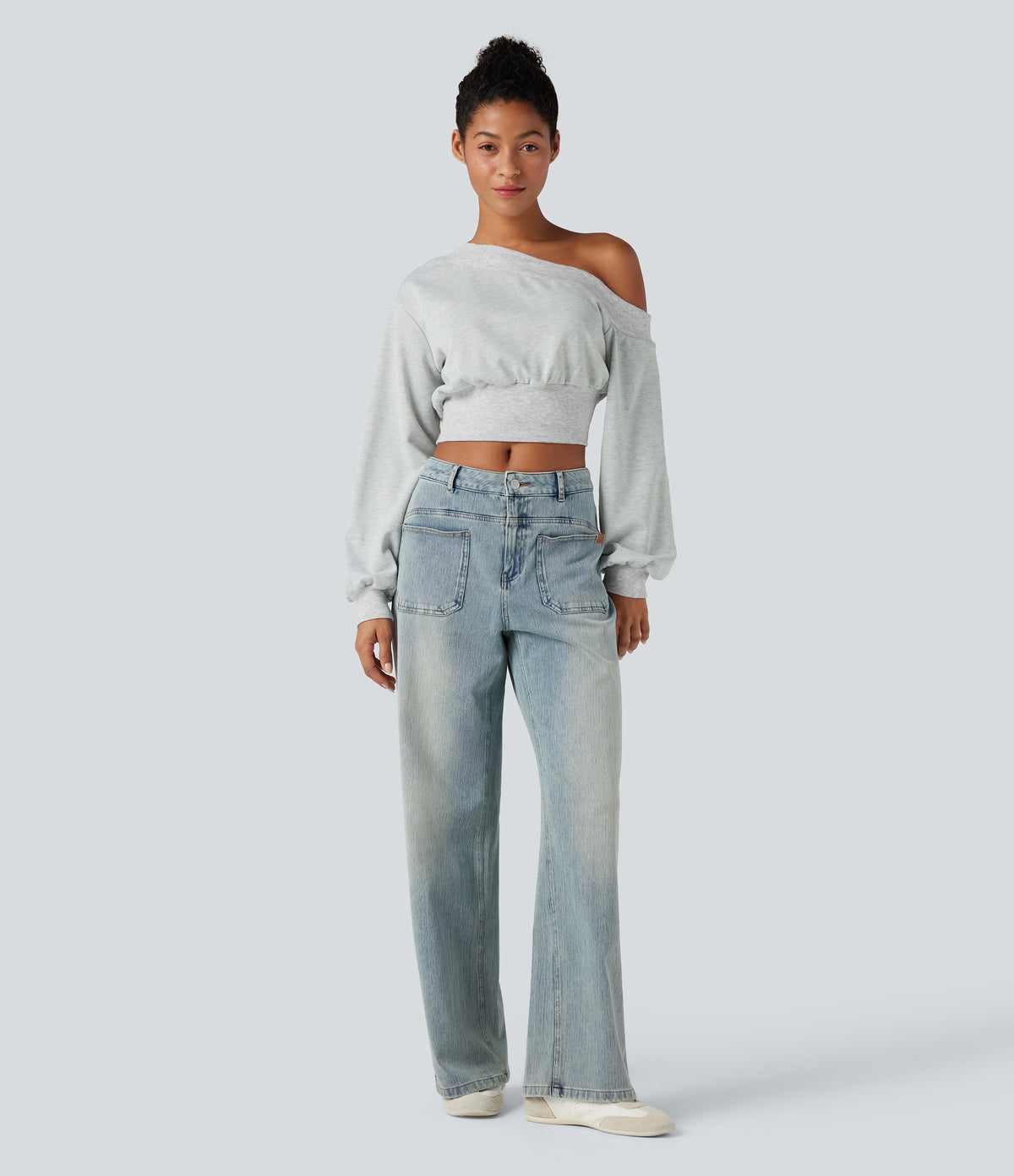 One-shoulder Long Sleeve Cropped Casual Sweatshirt — Mottled Grey — view 5