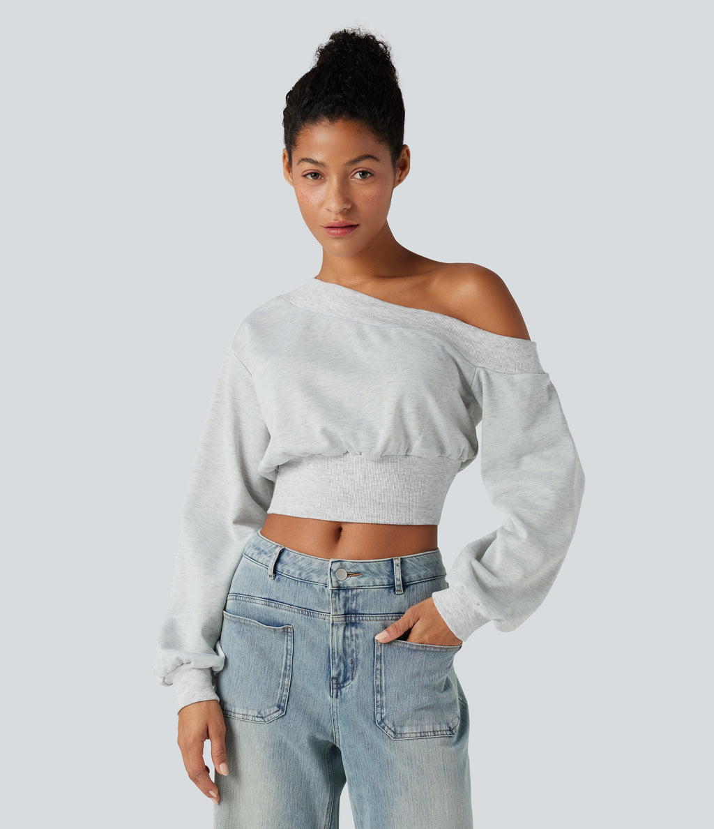 One-shoulder Long Sleeve Cropped Casual Sweatshirt — Mottled Grey — view 1