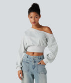 One-shoulder Long Sleeve Cropped Casual Sweatshirt — Mottled Grey — view 1