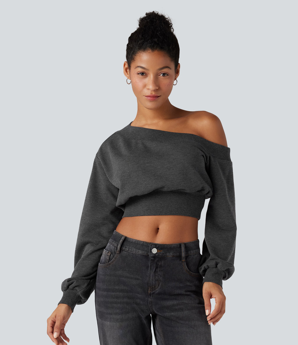 One-shoulder Long Sleeve Cropped Casual Sweatshirt — Black — view 6